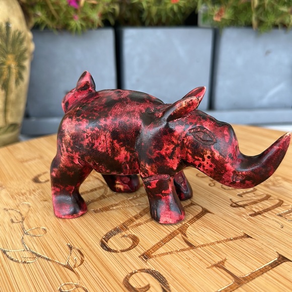 Rhino Hand Carved Wooden in Hues of Red and Black Small Shelf or Table Decor - Picture 12 of 16